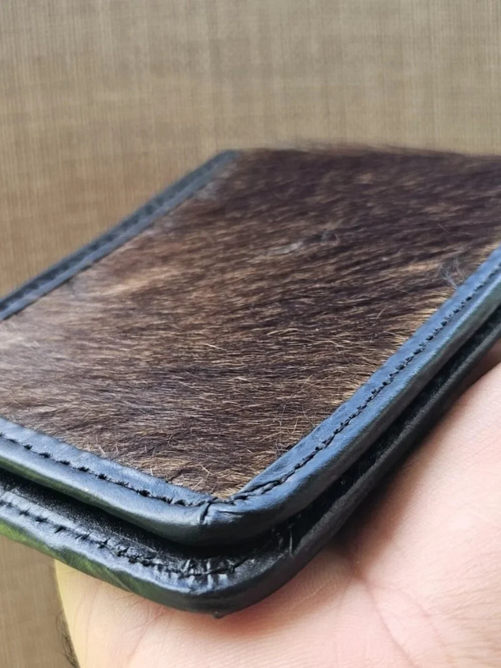 Fur Billfold Wallet Black Genuine Leather Real Fur Hair Cardholder Handmade